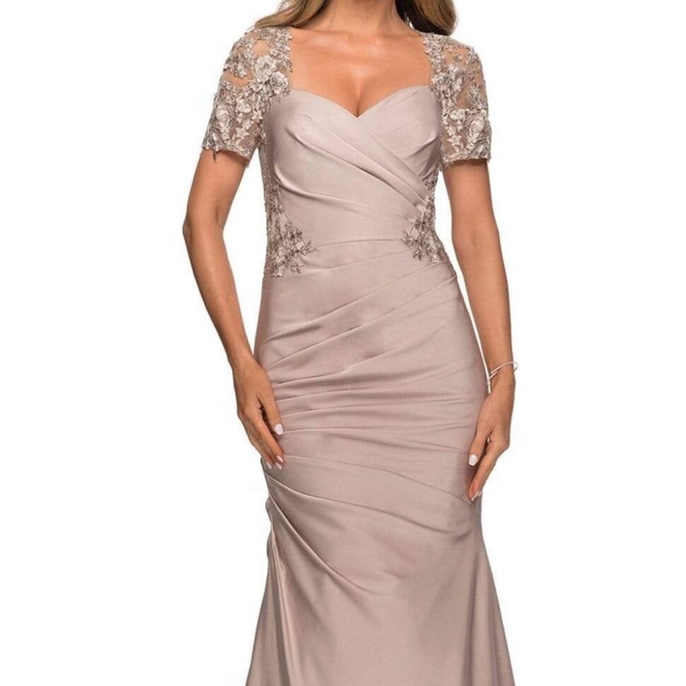 La Femme Taupe Blush Embroidered Lace-Sleeve Mermaid Dress